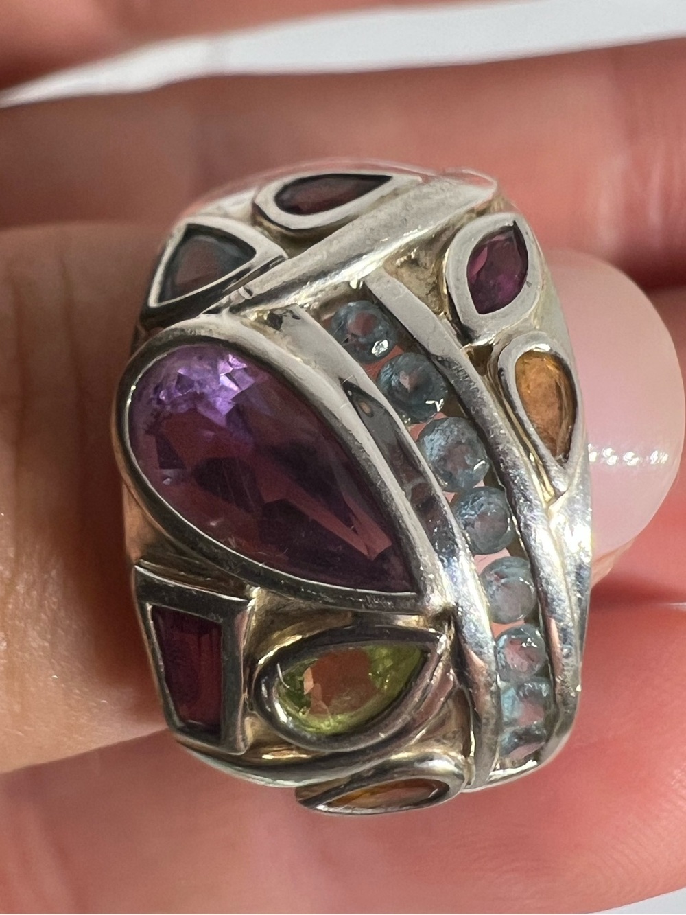 Lorenzo Sterling Silver Ring Multi Color Gem Stone Wide Colorful Statement